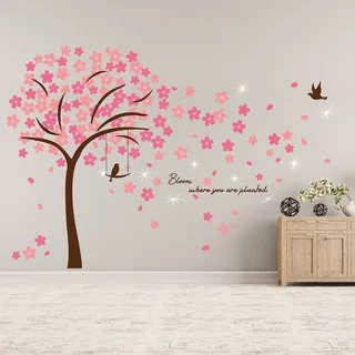 Walplus Swarovski Kristall und Rosa Blüten Blumen Wandsticker, Vinyl, Mehrfarbig, 90 X 30 X 0,5 CM