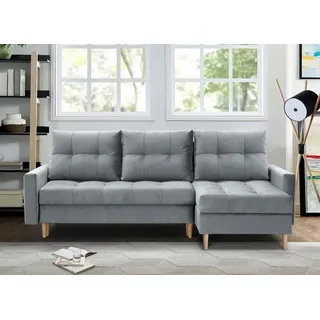 Ecksofa im Skandinavisches Stil mit universelle Ottomane HALANT mit Schlaffunktion (Grau, Velour) - Grau