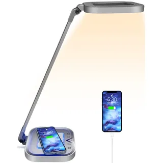 bybule Schreibtischlampe LED mit 10W Wireless Charging Tischlampe Dimmbar 5 Farben 5 Helligkeitsstufen 24W Tischlicht Nachtlicht mit USB-Anschluss Memory Funktion Touch Control für Büro Studieren