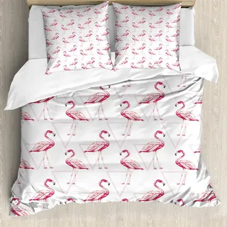 ABAKUHAUS Flamingo Bettbezug Set, Realistische Zeichnungs-Art-Tiere auf geometrischem Hintergrund mit rosa Dreiecken, 155 x 220 cm + 80 x 80 cm, Pfirsich Weiß Rosa