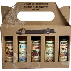 5er Set Essig & Öl "Feinschmecker - Box" - Leinöl, Walnussöl Essigzubereitung: Dattel, Dirndl & Feige - (DIE GESCHENKIDEE , Valentinstag, Geburtstag, Weihnachten, Muttertag)