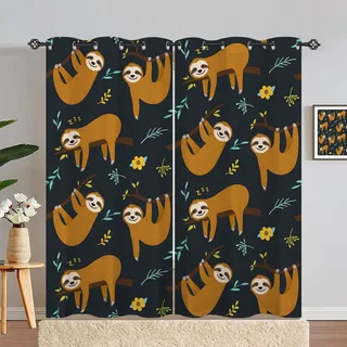 ANHOPE Nette Dschungel Tier Faultier Vorhänge mit Ösen Kinder Jungen Mädchen Gardinen Blickdichte Thermo Vorhang Blackout Curtain Schlafzimmer Wohnzimmer Verdunklungsvorhänge 2er Set H 183 x B 140 cm