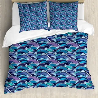 ABAKUHAUS Ozean Bettbezug, Wellen des Meeres Lotus, Milbensicher Allergiker geeignet mit Kissenbezügen, 155 cm x 220 cm - 80 x 80 cm, Hellblau Marineblau - Hellblau