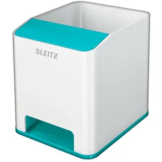 Leitz Sound Stifteköcher mit Soundverstärkungsfunktion, Stiftehalter inkl. Smartphone Fach mit Soundverstärkungsfunktion, Weiß/Eisblau, Duo Colour, WOW, 53631051