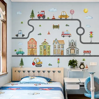 WandSticker4U®- [extra groß] Wandtattoo AUTO Kinderzimmer (145x125 cm) I Wandtattoo Kinderzimmer Junge Fahrzeuge Baustelle Bagger Polizeiauto Häuser I Wandsticker Babyzimmer Autos COOL