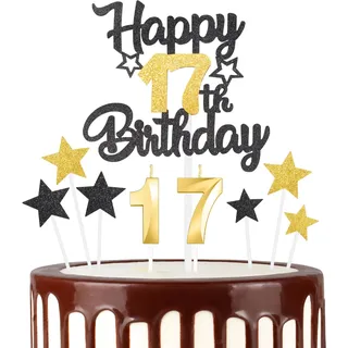 mciskin 17. Geburtstagskerzen Set, Schwarz-Gold, Zahl 17, Kerze für Mädchen & Jungen, Happy Birthday Kuchenaufsatz, Sternförmige Kuchenaufsätze, Wiederverwendbar, Langlebig, Umweltfreundlich