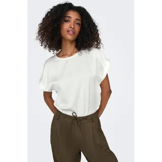 Kurzarmshirt ONLY "ONLLIEKE S/S SATIN MIX TOP WVN NOOS", Damen, Gr. M, weiß (snow weiß), Jersey, Obermaterial: 100% Polyester, unifarben, regular fit normal, Rundhals, mit Umschlag, Shirts Kurzarmshirt, regular fit, Web, Polyester, Rundhals, unifarben