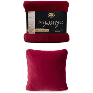 Gözze Wendewohndecke Merino und 2er Set Merino-Kissenhülle, 150x200 cm + 50x50 cm, Farbe: Karminrot