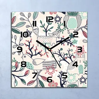 Wanduhr Echt-Glas-Küchenuhr Wald Eule Fuchs Vögel Tiere Quarz 30x30 Deko Bilder