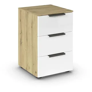 Rauch Möbel Flipp, Kommode für Schlafzimmer, Kinderzimmer, Wohnzimmer, Jugendzimmer, Flur, Garderobe, 3 Schubladen, mit Softclose-Funktion, Farbe Eiche Artisan, Holz/Glas Weiß, Breite 40 cm