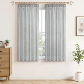 MRTREES Gardinen Grau Kurz mit Gräuselband 130x140cm (HXB) Vorhänge Boho Transparent für Schlafzimmer 2er Set Vorhang Makramee Modern für Küche, Store, Kinderzimmer