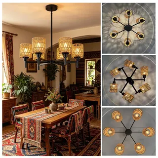 Hängelampe Rattan Boho, 6-Flammige Pendelleuchte Esstisch Schwarz Ø 63cm Rustikale Kronleuchter Vintage Höhenverstellbar Landhaus Retro E27 Groß Hängeleuchte Wohnzimmer für Esszimmer Schlafzimmer