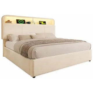 Stilvora Polsterbett 140/190 cm in Beige Samt mit Bettkasten, LED und Usb , Textil , 140x190 cm , Schlafzimmer, Betten, Polsterbetten