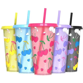 Farbwechselbecher, Trinkbecher mit Deckel und Strohhalm, Wiederverwendbare Kunststoffbecher - BPA-frei, lebensmittelecht, ideal für Eiskaffee, Milchshakes & Smoothies, 5er Set - Kirschherz