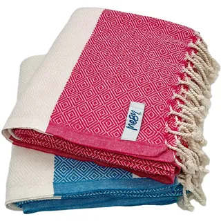 MEBY 2er Set Saunatuch XXL Groß 90x180 cm. 100% Baumwolle. Strandtuch, Badetuch, Türkisches Hamamtuch, Handtuch, Yogatuch, Peshtemal, Picknickdecke, Reisetuch, Liegetuch, Pestemal (Rosa & Türkis)