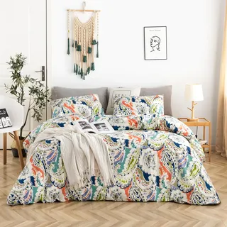 YuHeGuoJi Boho-Paisley-Bettwäsche-Set, 100% Baumwolle, King-Size, 3-teiliges Set, 1 orange-Blaue Blumen, Bohemian-Druck, Bettbezug mit Reißverschlüssen, 2 Kissenbezügen, Hotelqualität, weich,