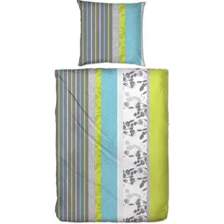 etérea Microfaser Bettwäsche Gestreift Blumen 135x200 2er Set - Bügelfrei mit Reißverschluß - 00 - Bettbezug mit Kissenbezug - 135 x 200 + 80 x 80 cm - Grau Grün - Grau