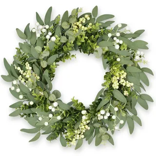Petalyn 50 cm/20 Zoll Eukalyptus-Kranz für die Haustür, künstlicher Frühlings- und Sommerkranz mit Beeren, Buchsbaum-Türkranz für Landhausstil, Hochzeiten, zum Aufhängen an Wand, Kamin oder Fenster