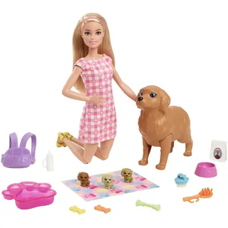 Barbie Puppe (blond) mit Hund und Welpen (HCK75)
