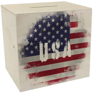 Spardose aus Holz USA-Flagge im Used Look - Sparschwein für Urlauber eine schöne Sparbüchse mit der vereinigten Staaten Nationalflagge verziert um auf die Reise zu sparen