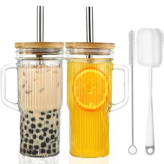 ALINK 24oz gerippte Glasbecher mit Deckel und Strohhalm, 2 Pack Glasbecher mit Griff, wiederverwendbare Eiskaffeebecher, weithalsige Mason Jar Boba Smoothie Becher, Trinkgläser