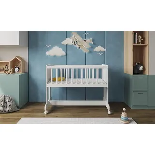 Babybett Beistellbett 90x40cm mit Matratze Stubenwagen mit Rollen Weiß SMARTCRIB Kinderbett Baby Bett Holz - Kinderbett Babybett, Baby Bed - Weiß