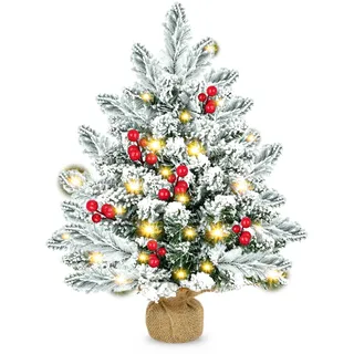 Weihnachtsbaum, 20 Zoll Künstlicher Mini-Weihnachtsbaum mit LED-Lichtern, Schneebedeckter Fichten-Weihnachtsbaum mit Tannenzapfen und Roten Beeren, Feiertags-Desktop-Weihnachtsdekorationen