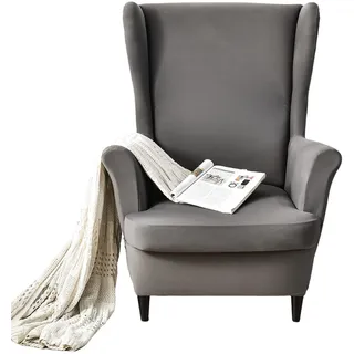 Ohrensessel-Schonbezüge, 2 Stück, Stretch-Spandex, Flügelrückenstuhlbezüge, Sofa-Schonbezug, bedruckt, Flügelrücken-Sessel-Schonbezüge, Möbelschutz, Couch, weich mit elastischer Unterseite, Dunkelgrau