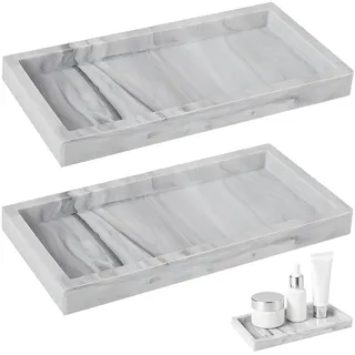 2 Stück Silikon Badezimmer Tablett - Deko Tablett, Weißes Marmor Tabletts Rechteckig für Schlüssel, Seife, Make-up, Parfüm, Teeservice, Handtücher, Schmuck, für Küche, Bad, Esszimmer(20x10x2CM)