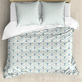 ABAKUHAUS Anker Bettbezug, Yachting Waves Sterne, Milbensicher Allergiker geeignet mit Kissenbezügen, 200 cm x 200 cm - 80 x 80 cm, Beige Blau Hellblau