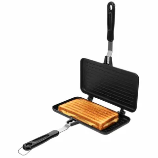 UPKOCH Doppelseitige Sandwich Maker Bratpfanne, Antihaft Toastpfanne für Gasherd & Camping, Waffeleisen Toaster Grill für Frühstück, Panini, Omelett, Wendepfanne Aluminium Schwarz (23x13cm)