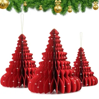 EKKONG Papier Weihnachtsbaum 3er Set Wiederverwendbare Weihnachtsbäume Wabenbälle aus Pappe Deko Tannenbaum Weihnachten Grün zum Hängen oder Stellen 15-24-32cm (Rot)