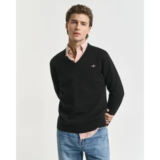 V-Ausschnitt-Pullover GANT "Classic Cotton V-Neck", Herren, Gr. S, schwarz, Strick, Obermaterial: 100% Baumwolle, unifarben, Basic, regular fit hüftlang, V-Ausschnitt, elastischer Bund, Pullover V-Ausschnitt-Pullover, Premium Strickjersey aus weicher 100% Baumwolle, Übergangspullover