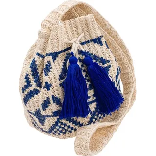 Kleine Strohtasche mit Pompons, perfekt für den Sommer - Cavaldi - Dunkelblau, Beige