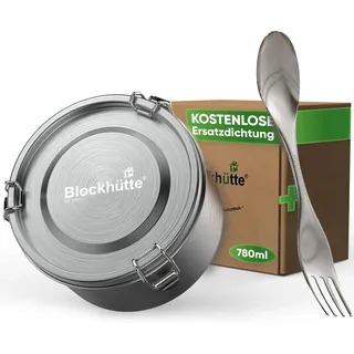 Blockhütte Premium Brotdose Edelstahl Kinder Rund I 780ml I mit Göffel und 2x Dichtung Set I Vesperdose Edelstahl Auslaufsicher I Brotdose Metall Schule I Ofenfeste Schüssel Spülmaschinenfest