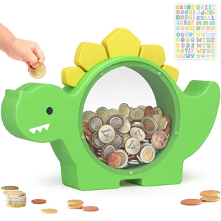 Summidate Holz-Dinosaurier-Sparschwein für Kinder und Jungen, niedliche Holz-Dino-Spardose für Kleinkinder, kreatives Spar-Münzglas, personalisiertes Geschenk für Kindergeburtstag, Dekoration (Grün
