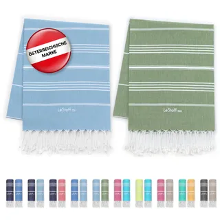 LeStoff 2er-Set Hamamtuch 95 x 180 cm - 100% Bio-Baumwolle, Vorgewaschen, Nachhaltig, Saugstark & Schnelltrocknend, Reisehandtuch, Campinghandtuch, Badetuch, Saunatuch, Strandtuch (Hellblau + Olive)