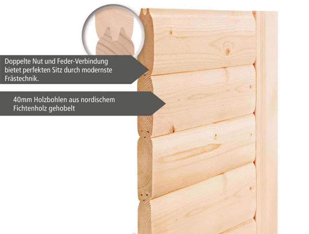 Bild von Sauna Sahib 2 mit Dachkranz Ofen 9kW extern classic Tür