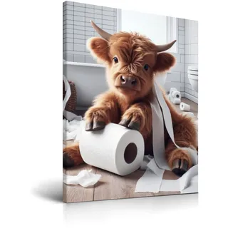 HesenDot Highland Kuh mit Toilettenpapier Badezimmer Wandbild, 30x40cm | Niedliches Kälbchen Tier Leinwandbild, Lustiges Humorvolle Wanddeko für Bad Kinderzimmer Toilette Wäscherei