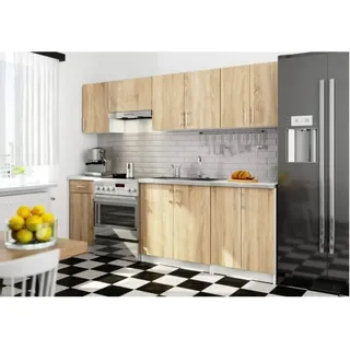 BDW Küche 240cm Küchenzeile Küchenblock, Weiß / Eiche Sonoma - Weiß, Braun