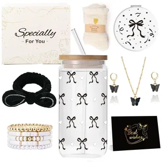 Geschenke für Mädchen Teenager 8 9 10 11 12 13 14 15 16 Jahre, Geburtstag Geschenk Mädchen Glasbecher, Trinkglas mit Strohhalm und Deckel, Socken Haarband Armband Taschenspiegel Halskette Coole Sachen