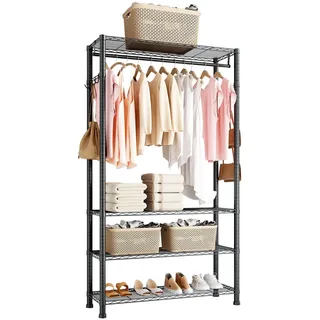 VEVOR Kleiderständer Garderobenständer (höhenverstellbar) aus Karbonstahl mit 1 Kleiderstange & 227 kg Tragkraft & 4 Regalen & 8 Haken, für Schlafzimmer Bekleidungsgeschäft Garderobe Flur