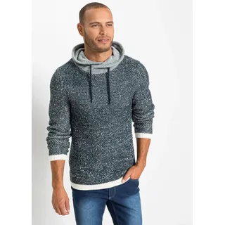 Strickpullover BONPRIX, Herren, Gr. 52/54 (L), blau (dunkelblau, wollweiß meliert), Strick, Obermaterial: 100% Polyacryl, meliert, regular fit normal, ohne Ausschnitt, Rippstrickbündchen, Pullover Strickpullover, aus Polyacryl, mit Schalkragen und Kordelzug, melierte Optik