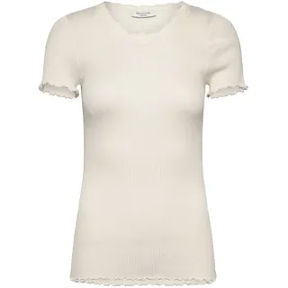 Spitzenshirt ROSEMUNDE "Beatha lace t-shirt mit Seide mit Seide", Damen, Gr. M, wollweiß, Feinstrick, Obermaterial: 55% Seide, 45% Baumwolle, unifarben, eng hüftbedeckend, Rundhals, gewellter Abschluss, Shirts Spitzenshirt, wunderschönes Halbarmshirt mit edler Spitze am Rundhalsausschnitt