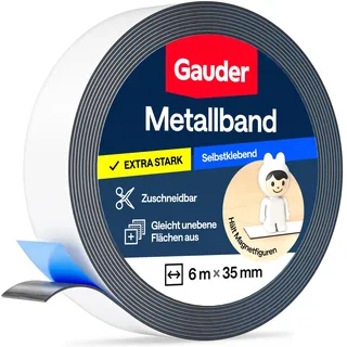 GAUDER Metallband selbstklebend für Magnete (6 m x 35 mm - weiß) | Magnethaftband, Magnetleiste & Metallstreifen für Tonie-Figuren und Regale - biegsames Ferroband zum Basteln und Organisieren