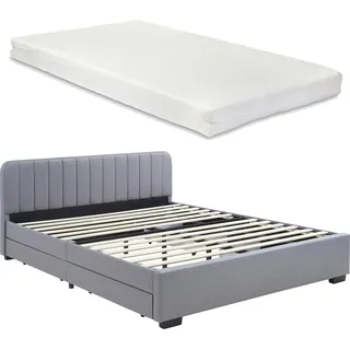 [en.casa] Polsterbett Nofrenna mit Matratze 140x200 cm Leinen Grau
