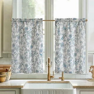 Vangao Leinenoptik Scheibengardine Blumen kurz Vorhang Botanischer Druck Bistrogardine Modern Küchengardinen Gardine für Küche Wohnzimmer Landhaus Halbtransparent 2er-Set Blau auf Beige 65B x 90H(cm)