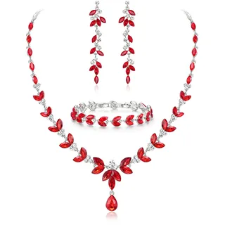 EVER FAITH Schmuckset Österreichisches Kristall Braut Schmuck-Set, Elegante Marquise Strass Blatt Halskette mit baumelnden Ohrringen Tennis-Armband-Set