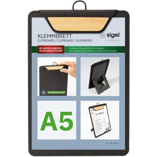 SIGEL KB221 Klemmbrett DIN A5 dunkelgrau/beige, mit Aufstellfunktion, stabiles, stylisches Clipboard mit edler Leinenstruktur, strapazierfähig und leicht abwischbar, für Speisekarten