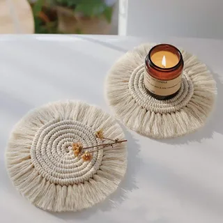 WOYAOY Stuhlmatte, Graskissen, Beige, Boho-Stil, Untersetzer aus Makramee, handgefertigt, aus Baumwolle, rundes Kissen aus Stroh, Zen, Haus, Garten, Terrasse, Dekor